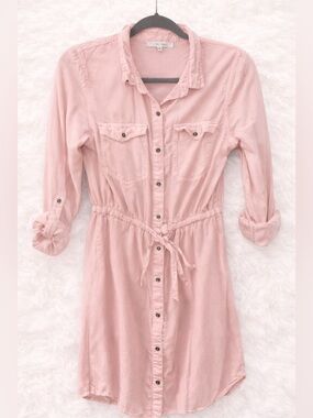 Love Tree Blush Pink Button-Front Tie-Waist Shirt Dress